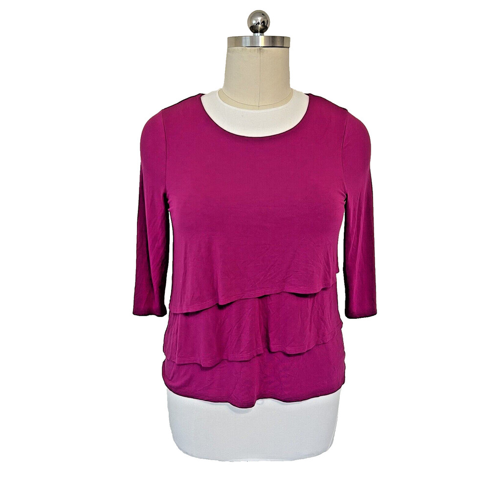 Chico's - Fuschia Pink 3/4 Sleeve Boat Neck 3 Tiered Modal Spandex Pullover Top